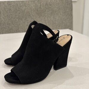 Via Spiga Prim black suede mules w/ ankle strap